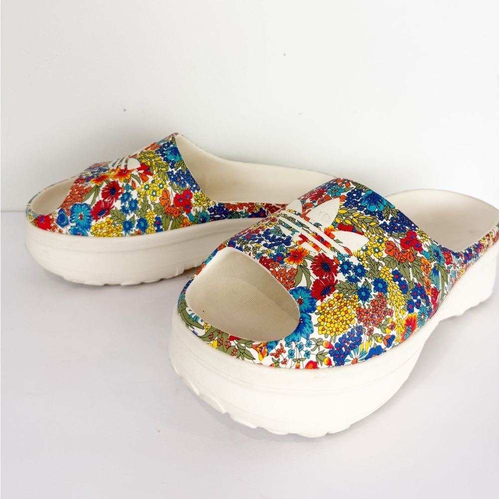 adidas Floral Multicolor Slide Sandals - White Soles - Picture 1 of 8